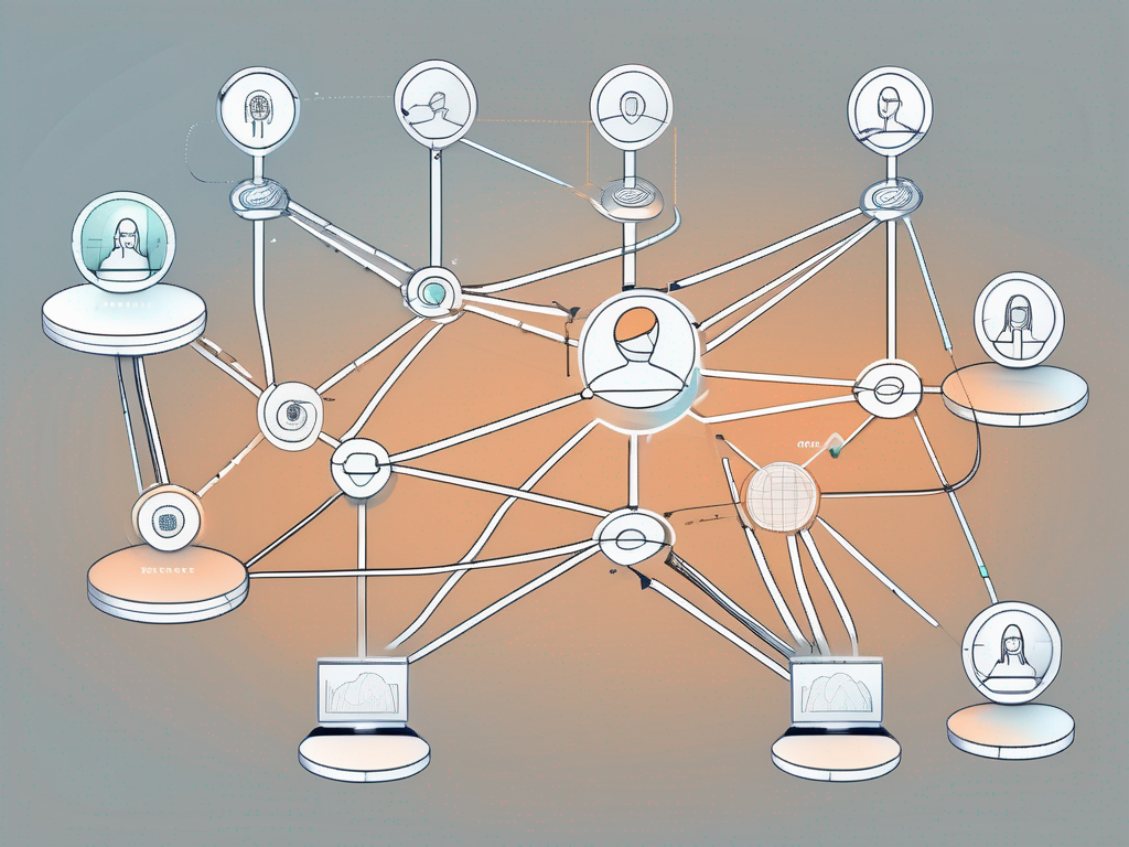 A futuristic digital platform with various interconnected nodes